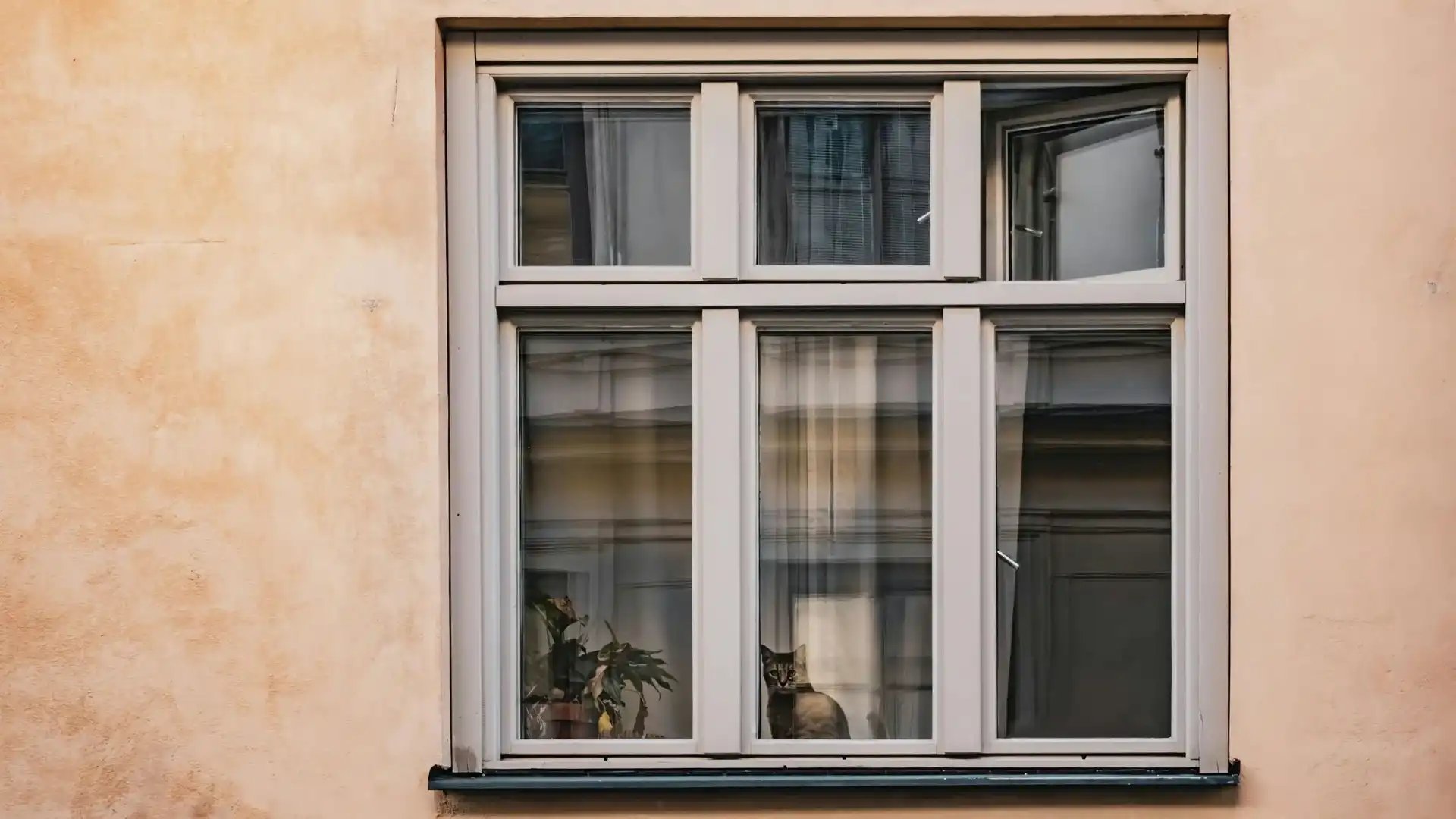 Katt sitter i ett fönster bredvid en krukväxt.