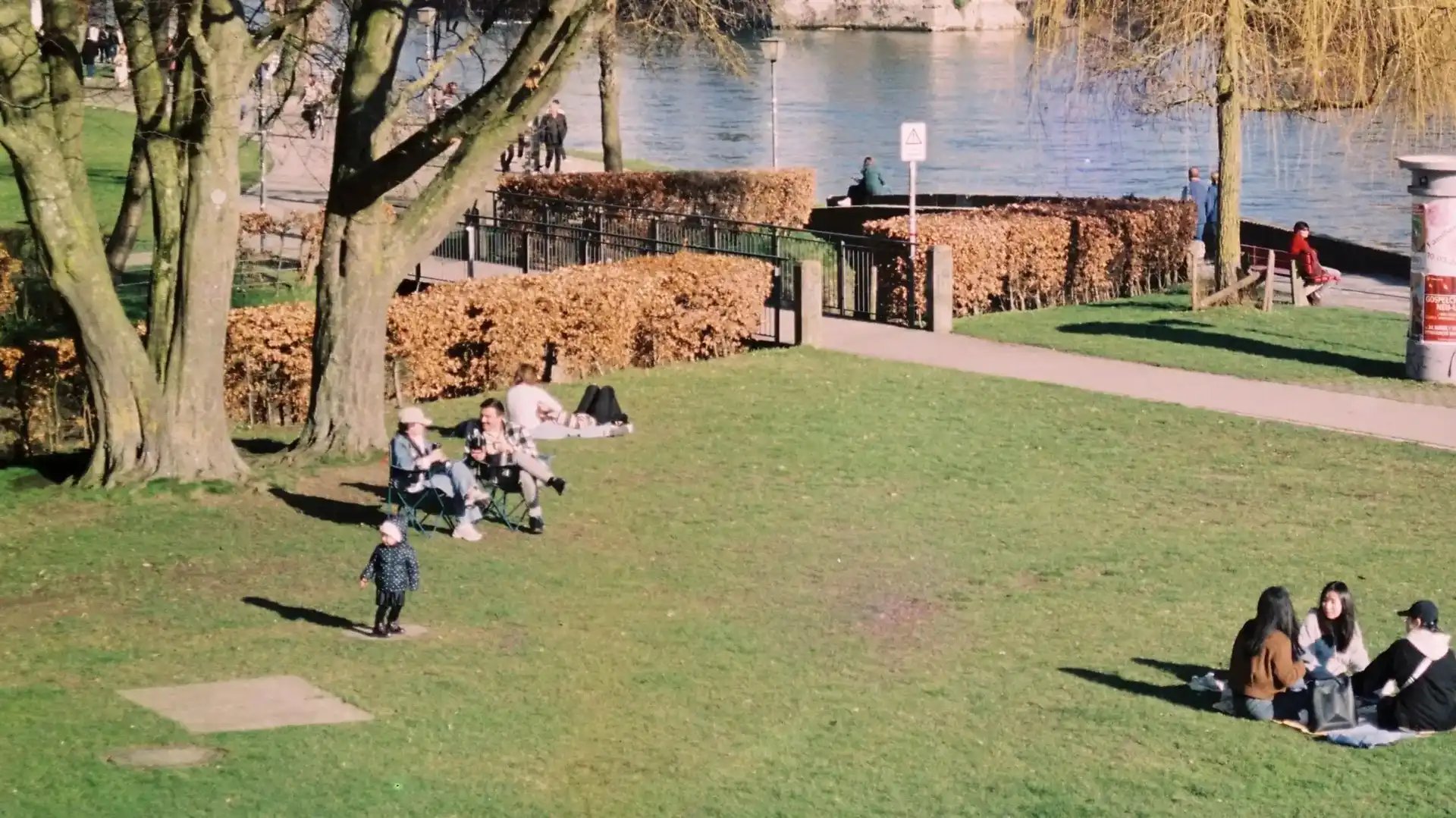 Människor sitter i grupper på gräset i en park vid vattnet.
